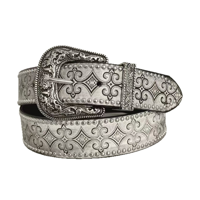 Women's Vintage Silver-Tone Buckle Western Belt in Silver White, front view