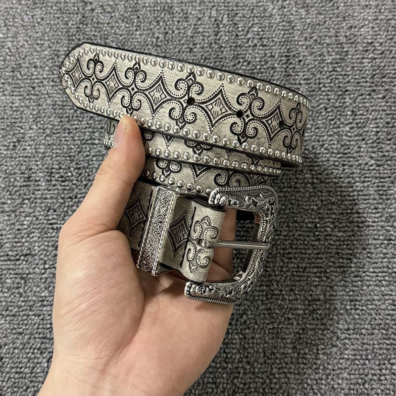 Women's Vintage Silver-Tone Buckle Western Belt in Silver White, front view