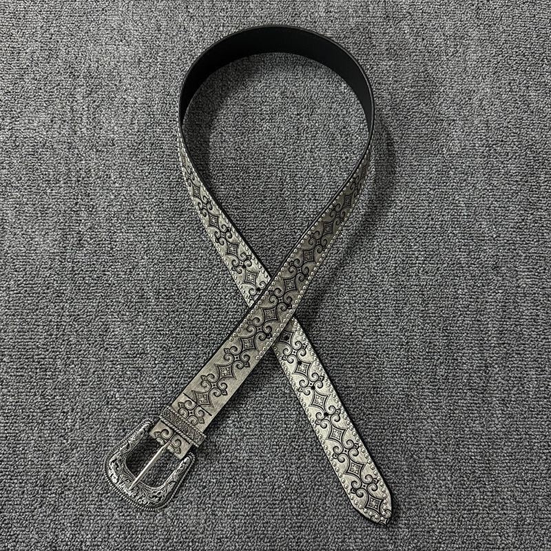 Women's Vintage Silver-Tone Buckle Western Belt in Silver White, front view