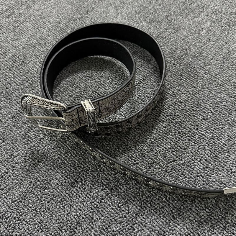 Women's Vintage Silver-Tone Buckle Western Belt in Silver White, front view