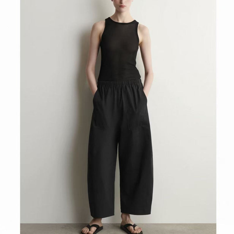 Women's Wide Leg Cropped Cotton-Like Trousers in Black, front view
