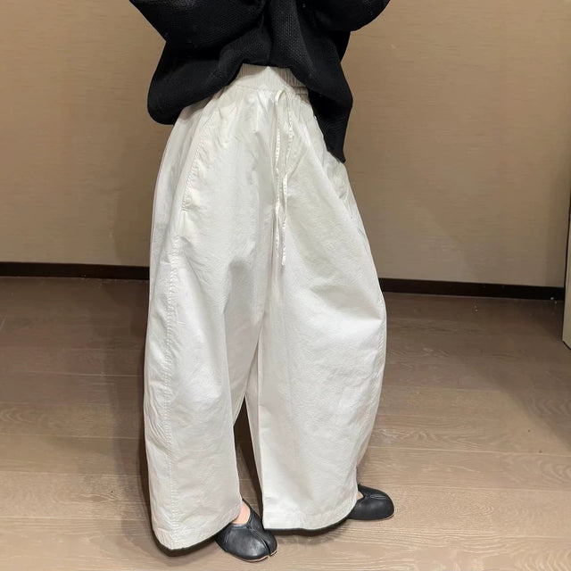 Women's Wide Leg Drawstring Elastic Waist Pants in White, back view