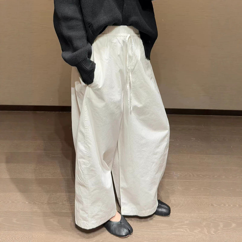 Women's Wide Leg Drawstring Elastic Waist Pants in White, back view