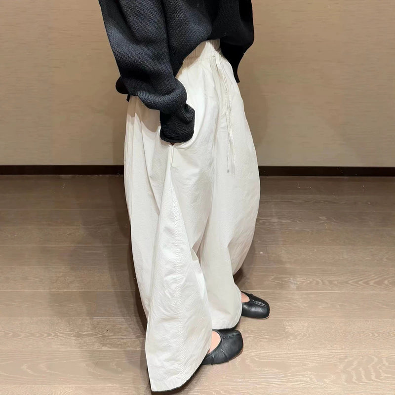 Women's Wide Leg Drawstring Elastic Waist Pants in White, back view