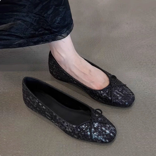 Women's Woven Bow Soft-Sole Ballet Flats in Black, side view