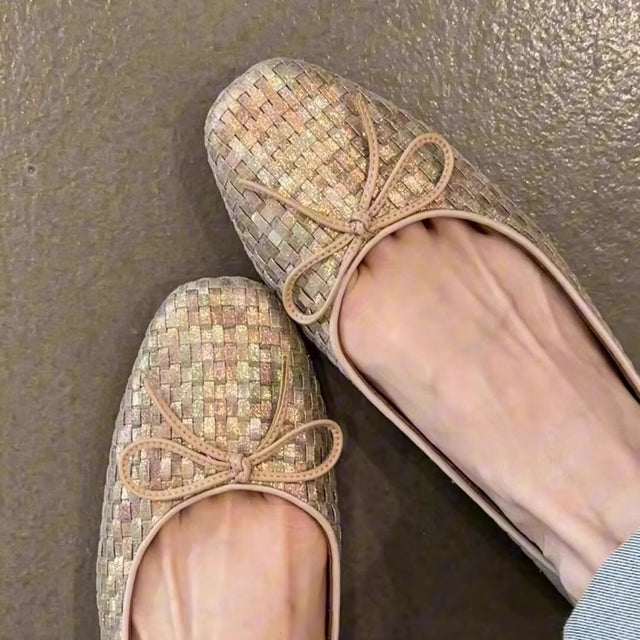 Women's Woven Bow Soft-Sole Ballet Flats in Gold, front view