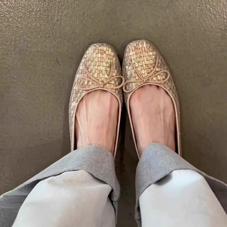 Women's Woven Bow Soft-Sole Ballet Flats in Gold, front view