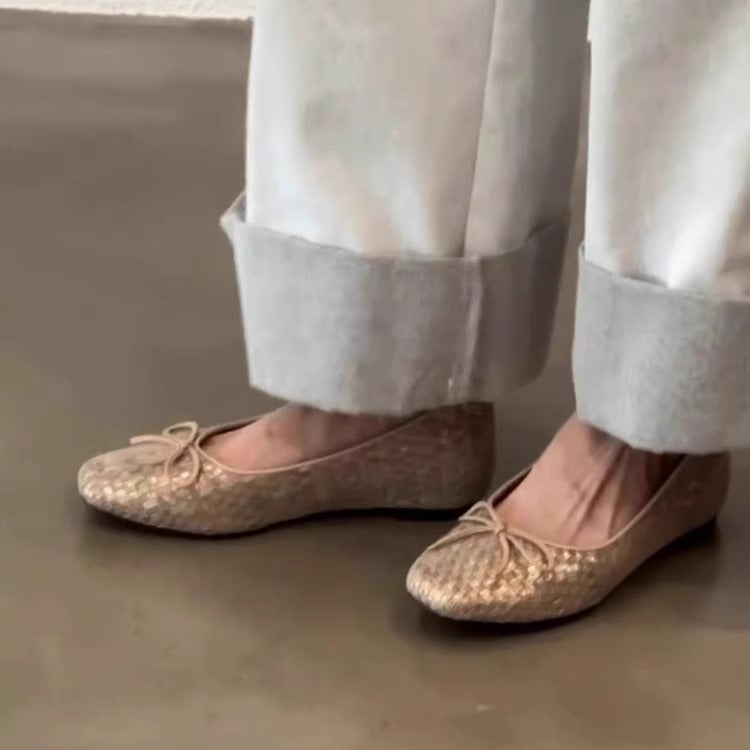 Women's Woven Bow Soft-Sole Ballet Flats in Gold, front view