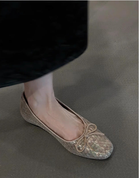 Women's Woven Bow Soft-Sole Ballet Flats in Gold, front view