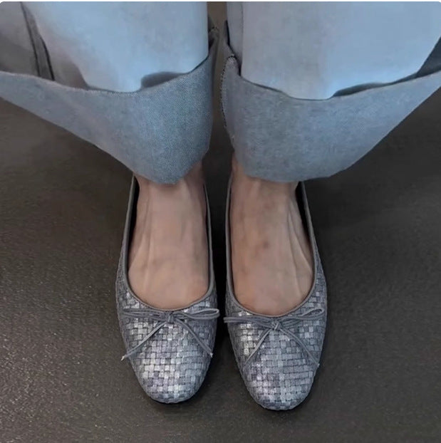 Women's Woven Bow Soft-Sole Ballet Flats in Silver, front view