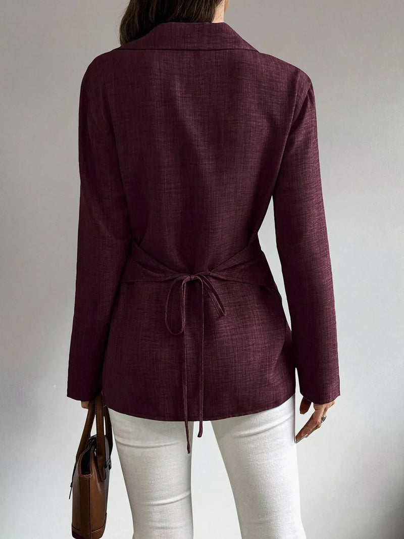 Button-Up Shirt for Women with Wrap Front and Tie Back in Burgundy, back view