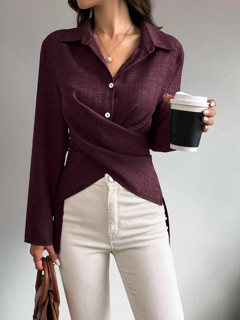 Button-Up Shirt for Women with Wrap Front and Tie Back in Burgundy, styled front view