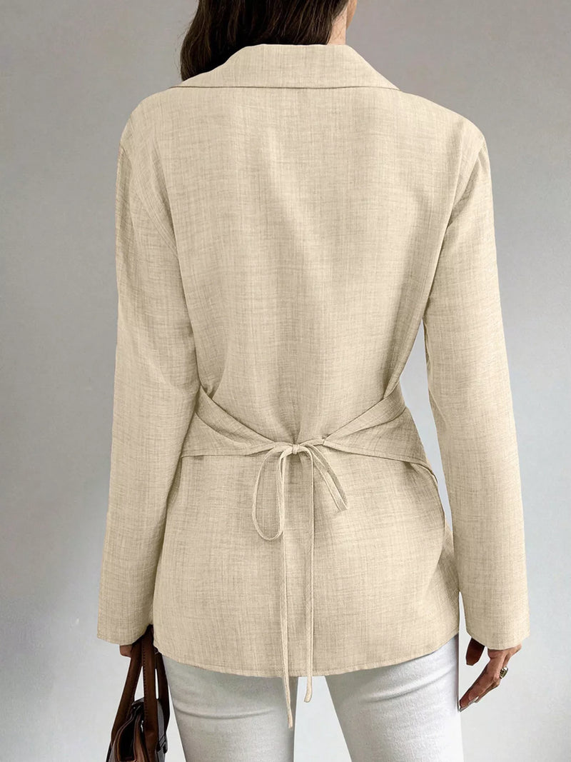 Button-Up Shirt for Women with Wrap Front and Tie Back in Cream, back view
