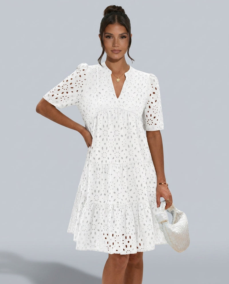 Short Sleeve A-Line Dress for Women with Eyelet Lace and Ruffle Hem in White, studio front view