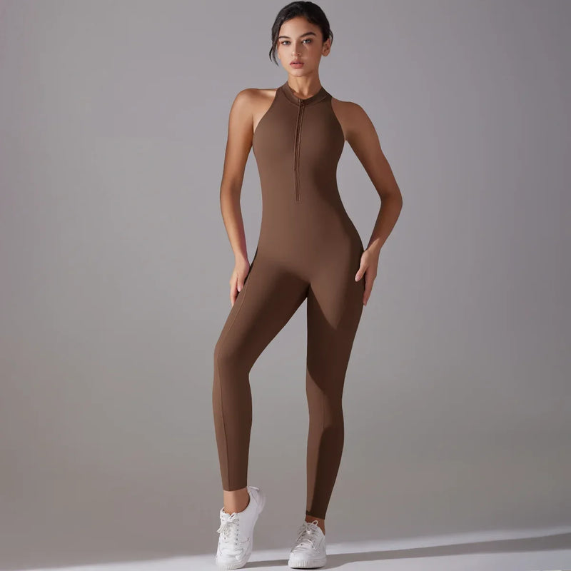 Zip Front Activewear Jumpsuit for Women with Open Back and Scrunch Bum in Brown, front view