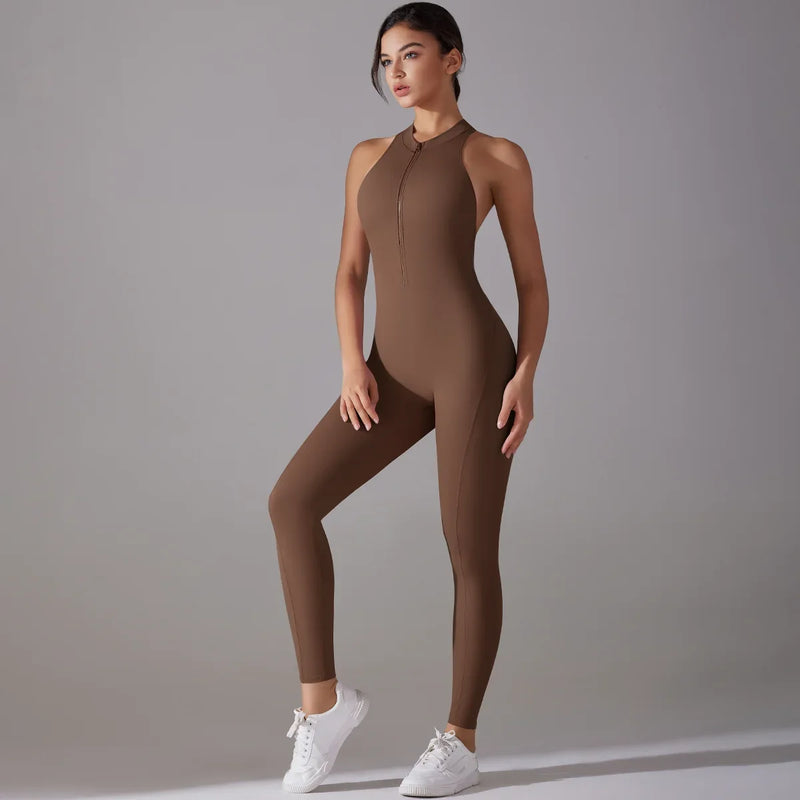 Zip Front Activewear Jumpsuit for Women with Open Back and Scrunch Bum in Brown, front view 2