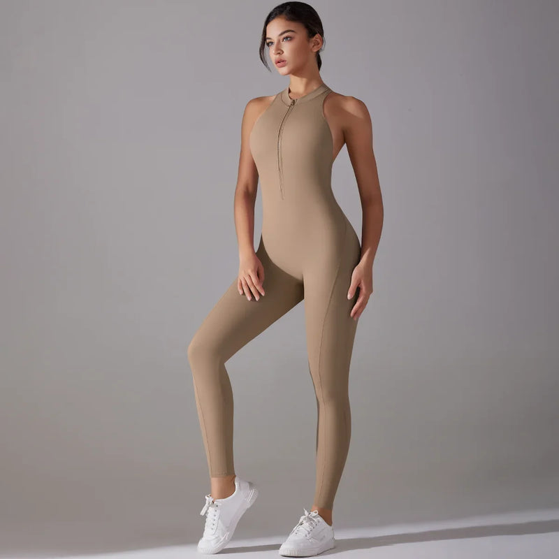 Zip Front Activewear Jumpsuit for Women with Open Back and Scrunch Bum in Tan, front view